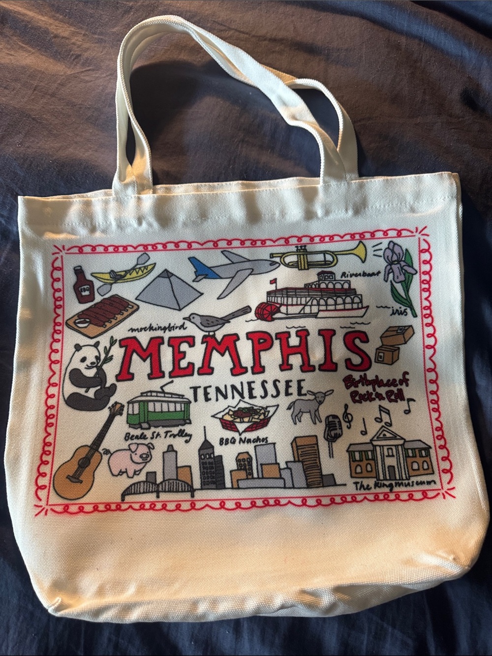 NWT Memphis Tennessee Souvenir Canvas Tote Bag - Cream with Red Accents